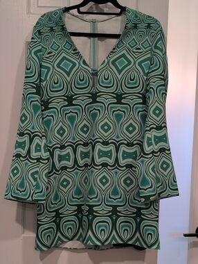 Mango Green Geometric V-Neck Mini Dress